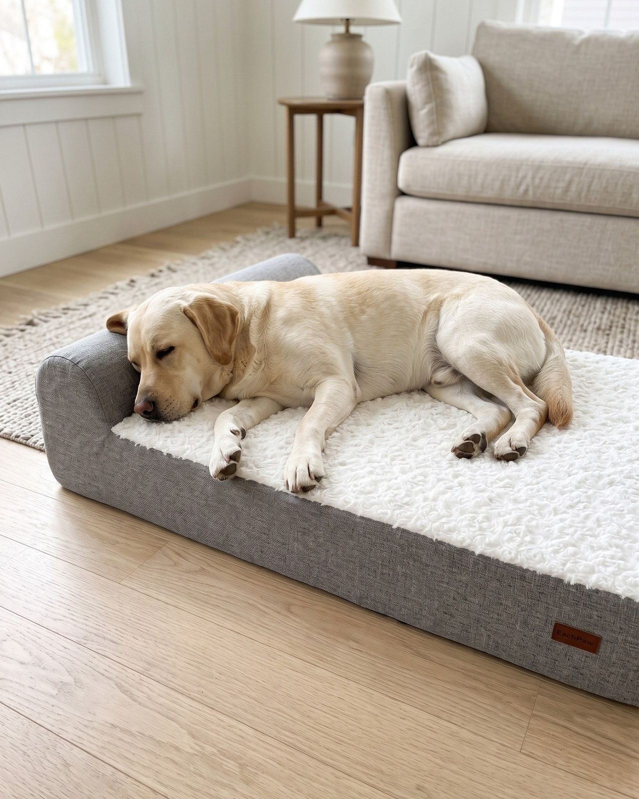 Lifestyle illustration of a Labrador resting on a Large EachPaw bed.