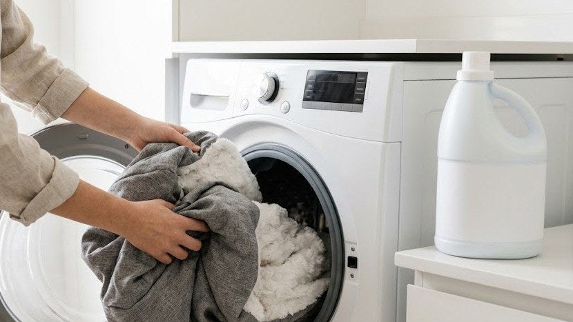 Illustration of hands loading the gray and white bed cover into a washing machine.