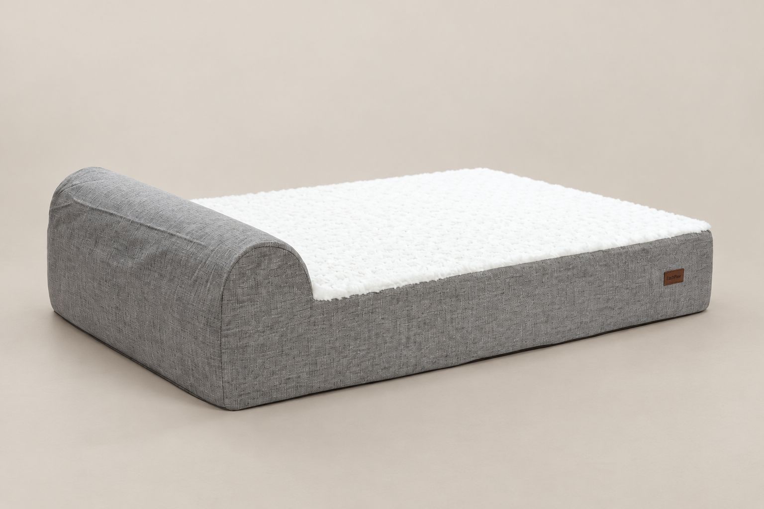 EachPaw bed with gray woven sides, white faux-fur sleeping surface, and a single raised bolster.
