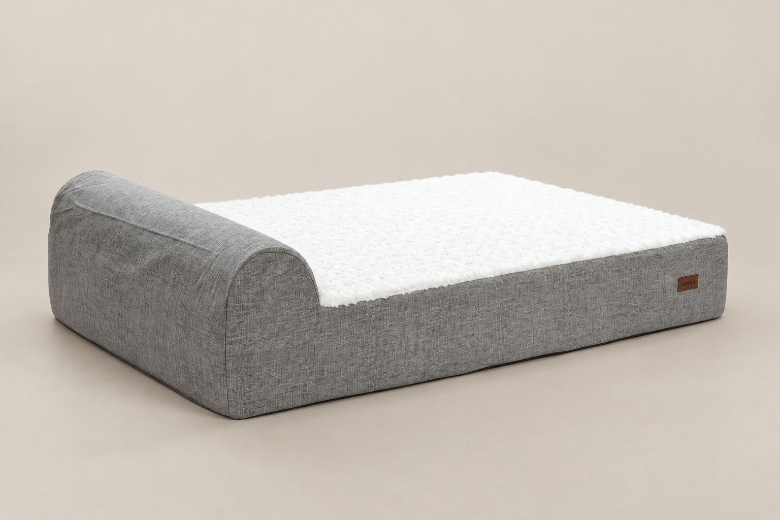 Gray EachPaw bed with a white sleeping surface and raised bolster.